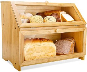 Double Layer Bread Box for Kitchen Large Bamboo Capacity Food Storage